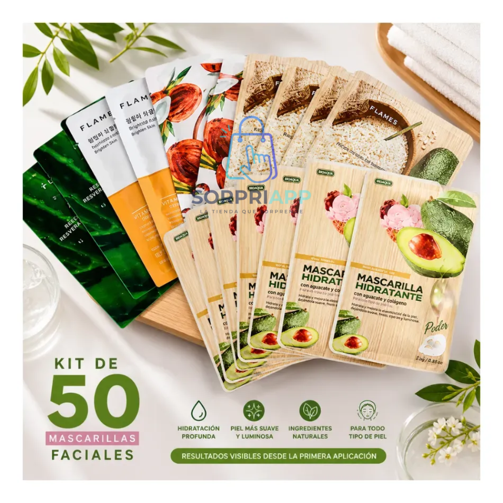 Kit 50 Mascarillas Faciales Hidratantes Surtidas Skincare Spa