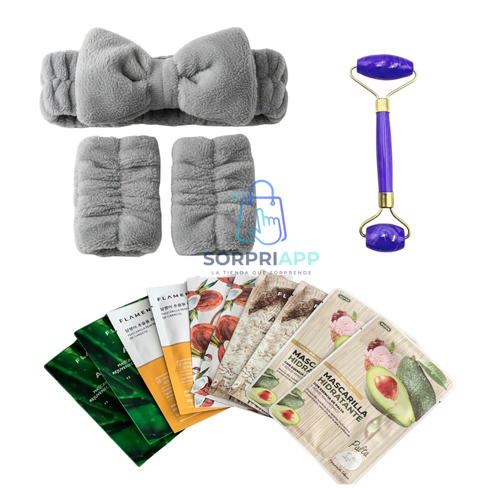 Set Spa Cintillo Muñequera Rodillo Mascarilla Skincare