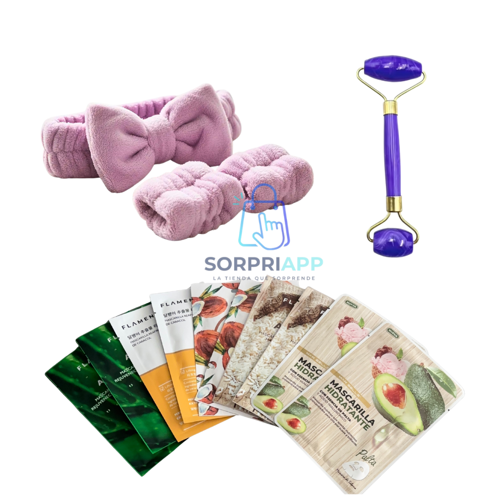 Set Spa Cintillo Muñequera Rodillo Mascarilla Skincare