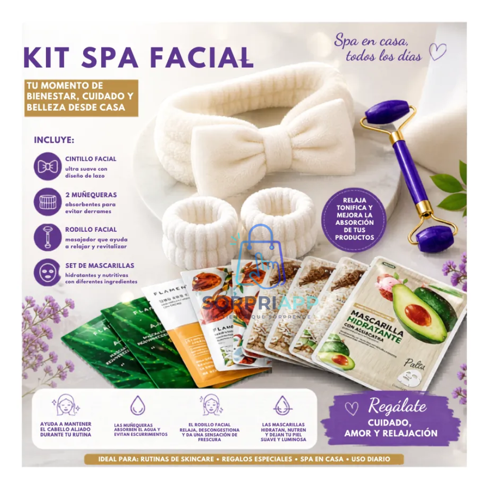 Set Spa Cintillo Muñequera Rodillo Mascarilla Skincare